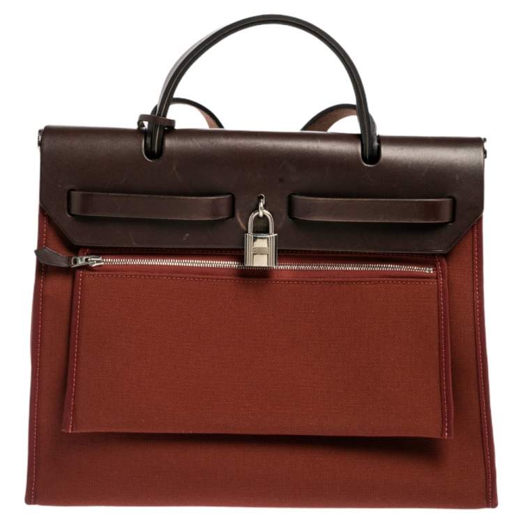 Pre Owned Hermes Rouge H/Ebene Canvas and Leather Herbag Zip 31 Bag