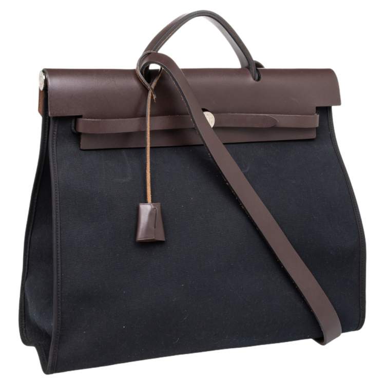 Pre Owned Hermes Black/Cacao Canvas and Leather Herbag Zip 39 Bag