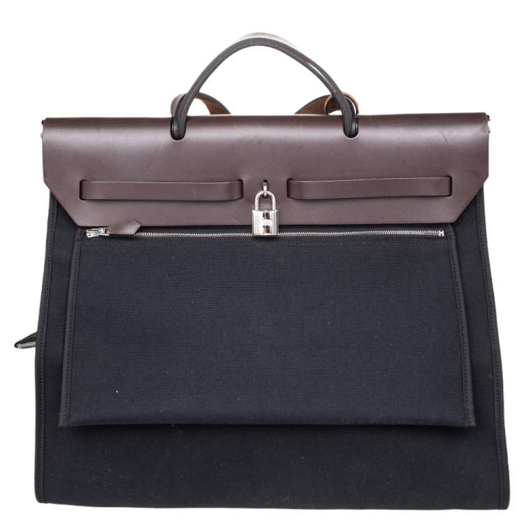 Pre Owned Hermes Black/Cacao Canvas and Leather Herbag Zip 39 Bag