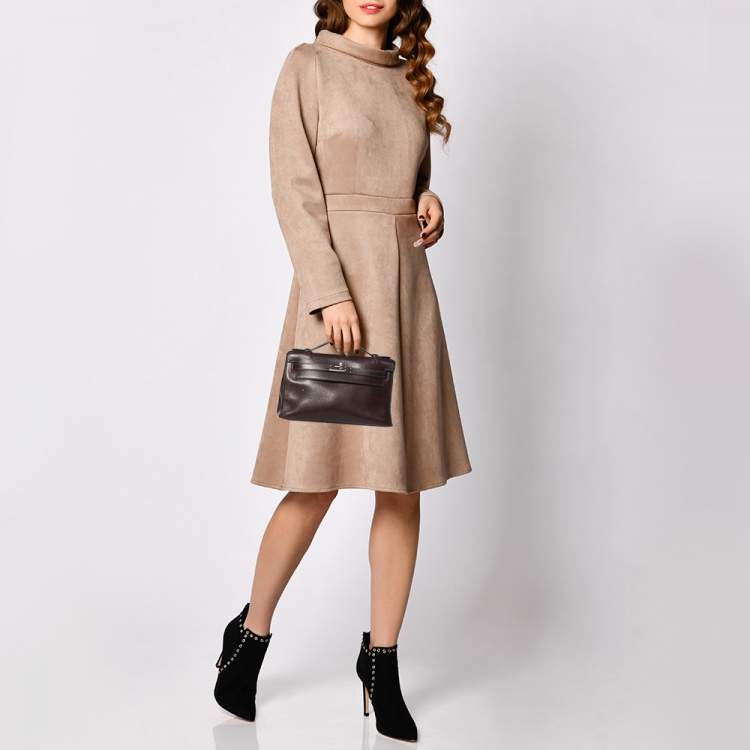 Pre Owned Hermès Havane Evergrain Leather Palladium Plated Kelly Pochette