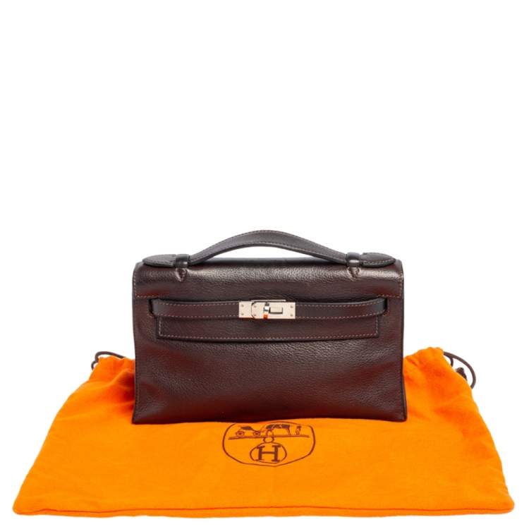 Pre Owned Hermès Havane Evergrain Leather Palladium Plated Kelly Pochette