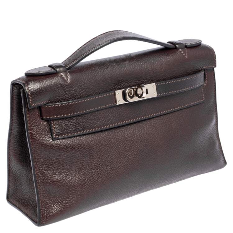 Pre Owned Hermès Havane Evergrain Leather Palladium Plated Kelly Pochette