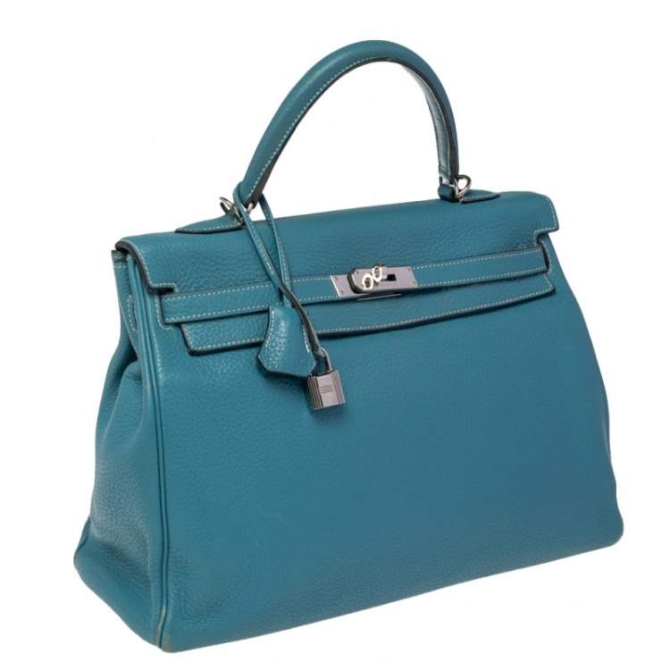 Pre Owned Hermes Bleu Jean Taurillon Clemence Leather Palladium Hardware Kelly Retourne 35 Bag