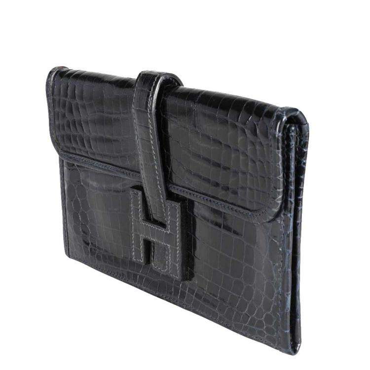 Pre Owned Hermes Blue Marine Shiny Niloticus Crocodile Leather Mini Jige 20 Bag