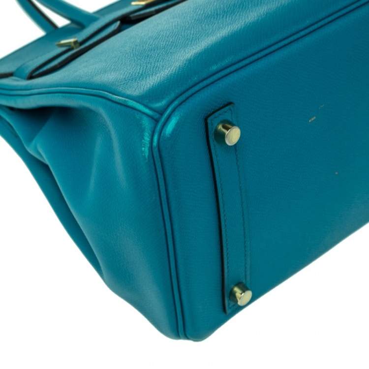 Pre Owned Hermes Blue Izmir Epsom Leather Gold Hardware Birkin 30 Bag