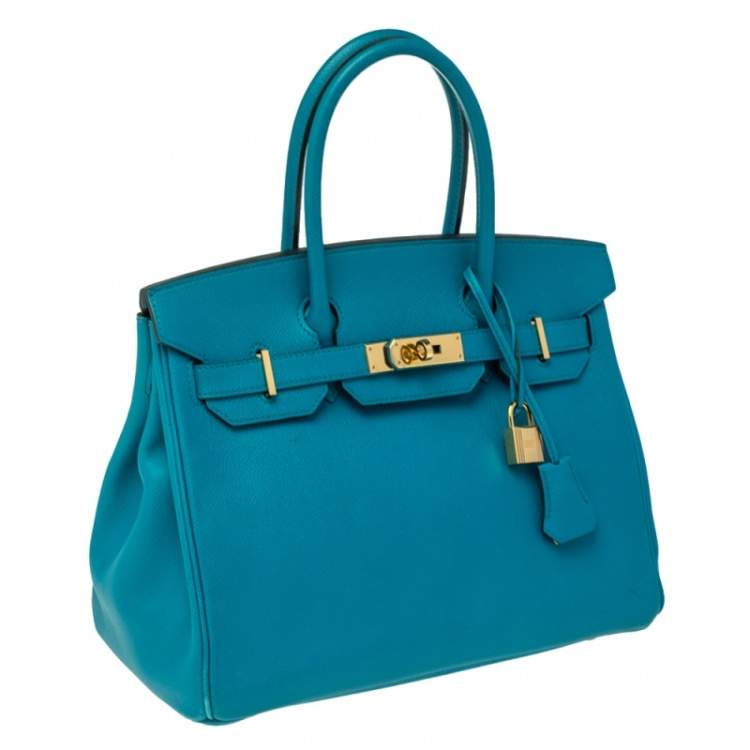 Pre Owned Hermes Blue Izmir Epsom Leather Gold Hardware Birkin 30 Bag
