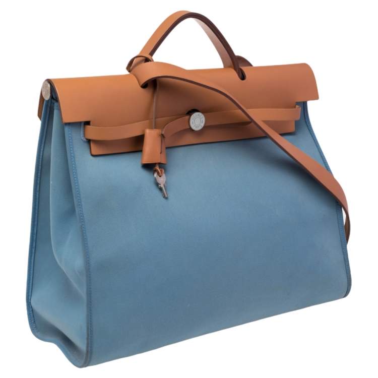 Pre Owned Hermes Bleu Lin/Natural Canvas and Leather Herbag Zip 39 Bag
