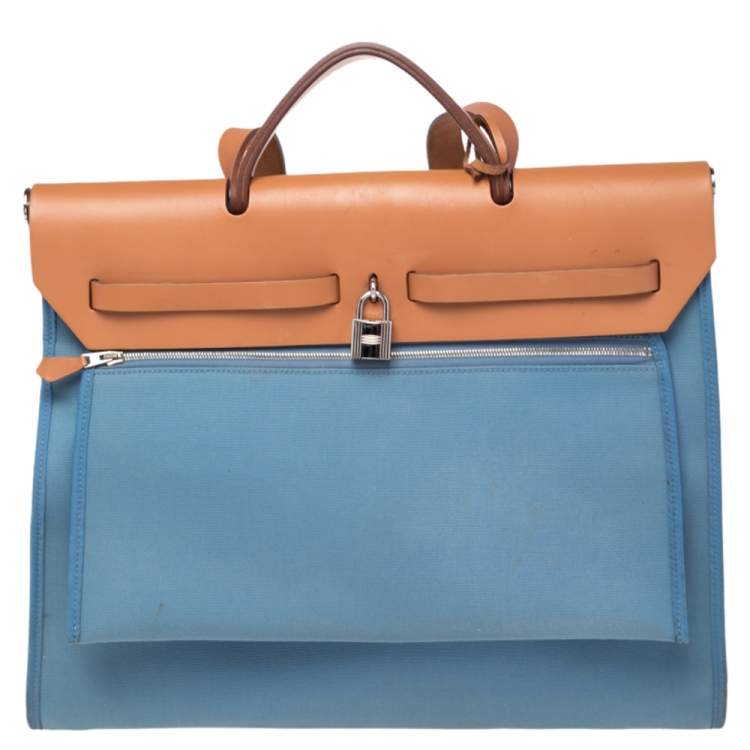 Pre Owned Hermes Bleu Lin/Natural Canvas and Leather Herbag Zip 39 Bag