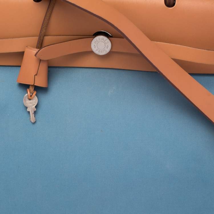 Pre Owned Hermes Bleu Lin/Natural Canvas and Leather Herbag Zip 39 Bag