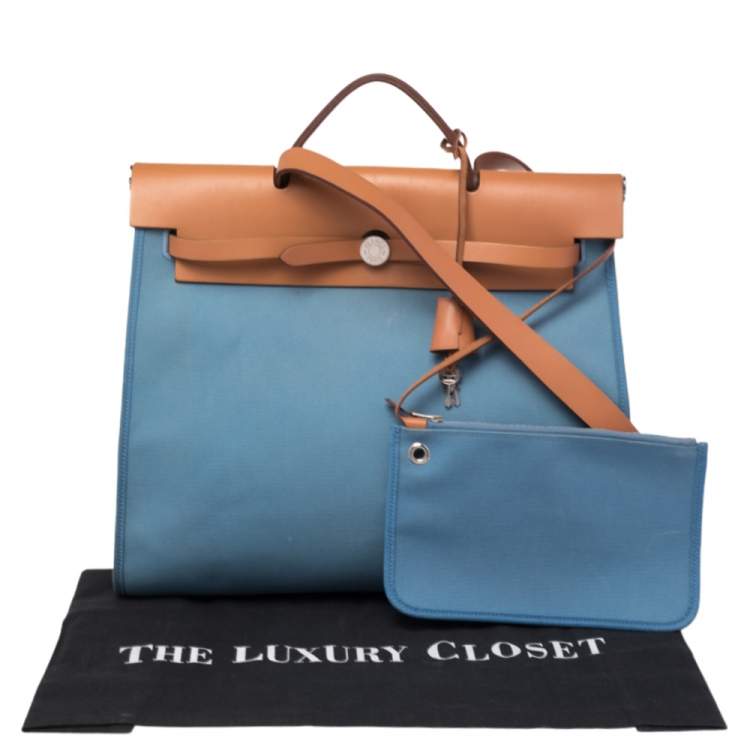 Pre Owned Hermes Bleu Lin/Natural Canvas and Leather Herbag Zip 39 Bag