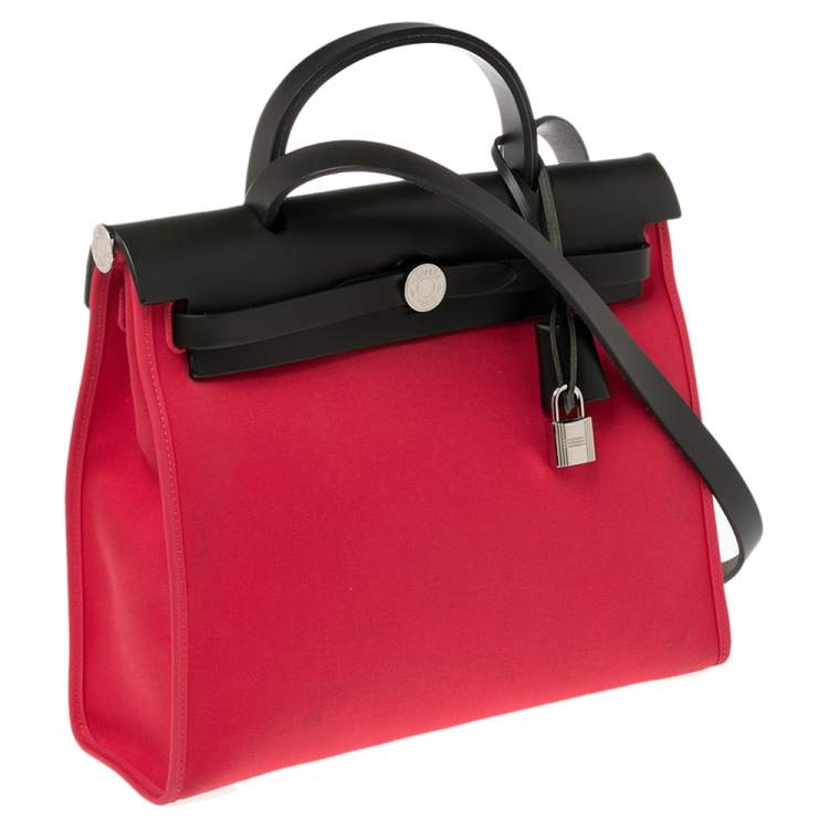 Pre Owned Hermes Rose Extreme/Kaki Canvas and Leather Herbag Zip 31 Bag
