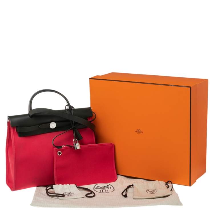 Pre Owned Hermes Rose Extreme/Kaki Canvas and Leather Herbag Zip 31 Bag
