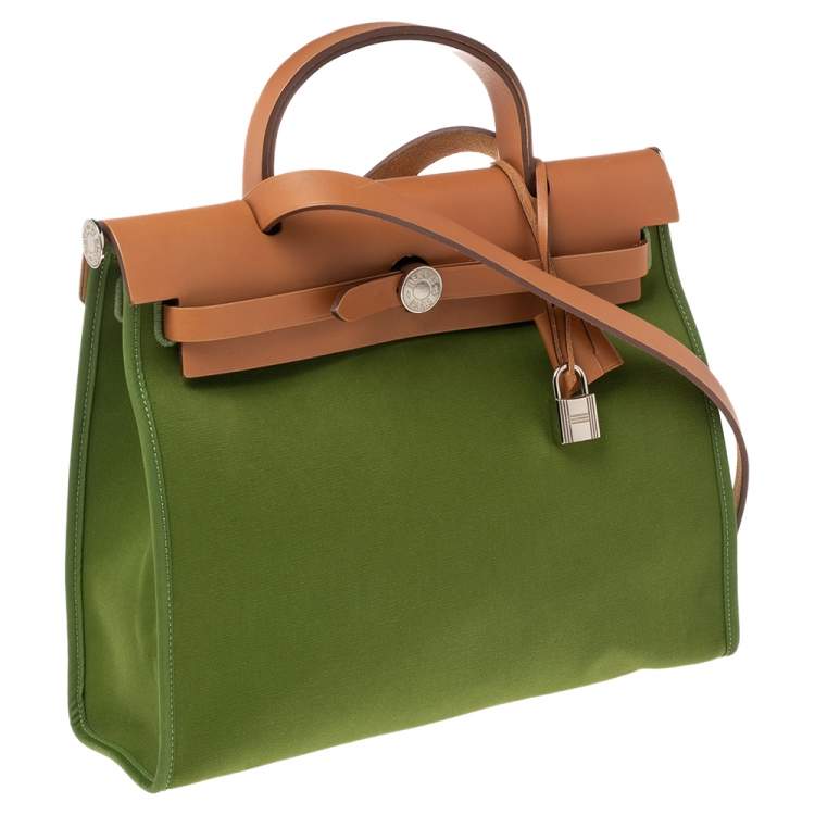 Pre Owned Hermes Apple Green/Natural Canvas and Leather Herbag Zip 31 Bag