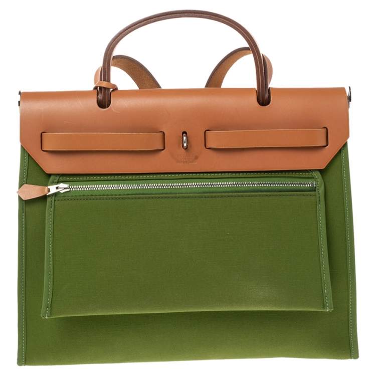 Pre Owned Hermes Apple Green/Natural Canvas and Leather Herbag Zip 31 Bag