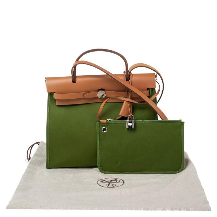 Pre Owned Hermes Apple Green/Natural Canvas and Leather Herbag Zip 31 Bag