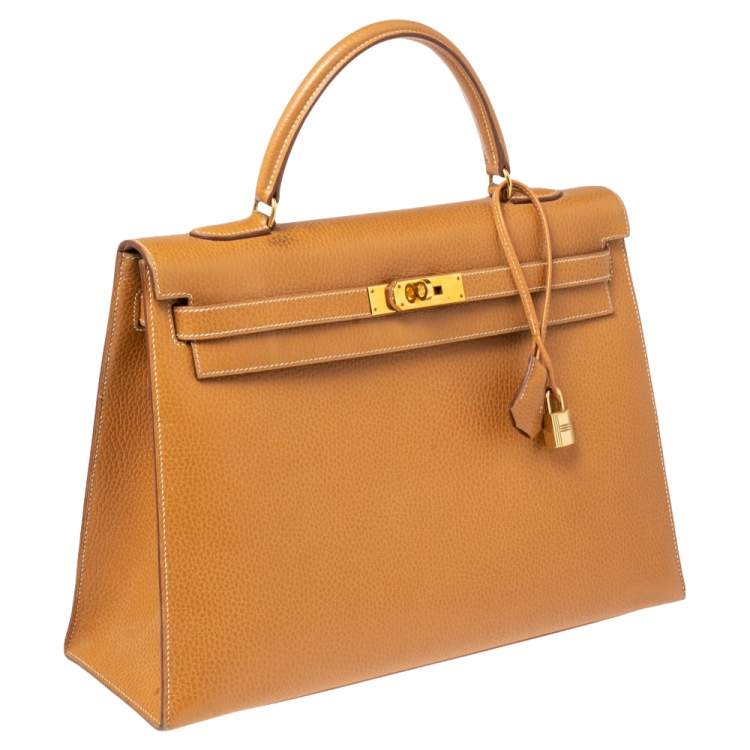 Pre Owned Hermes Naturale Ardenes Leather Gold Plated Kelly Sellier 35 Bag