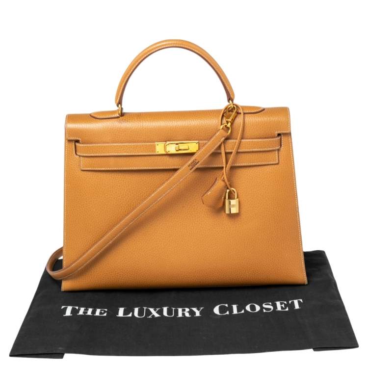Pre Owned Hermes Naturale Ardenes Leather Gold Plated Kelly Sellier 35 Bag