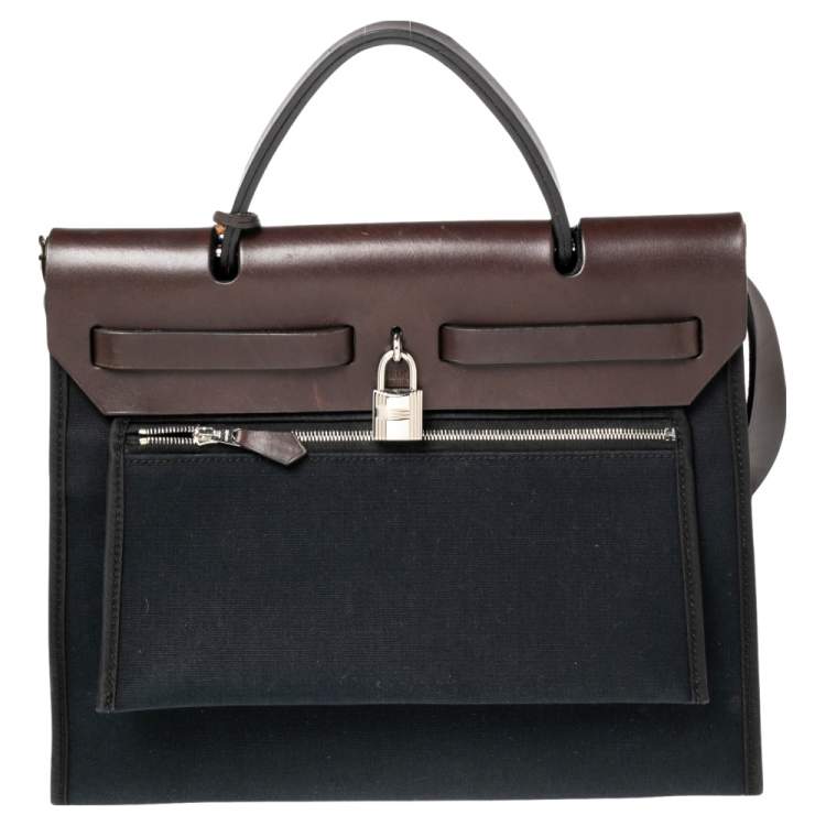 Pre Owned Hermes Black/Cacao Canvas and Leather Herbag Zip 31 Bag