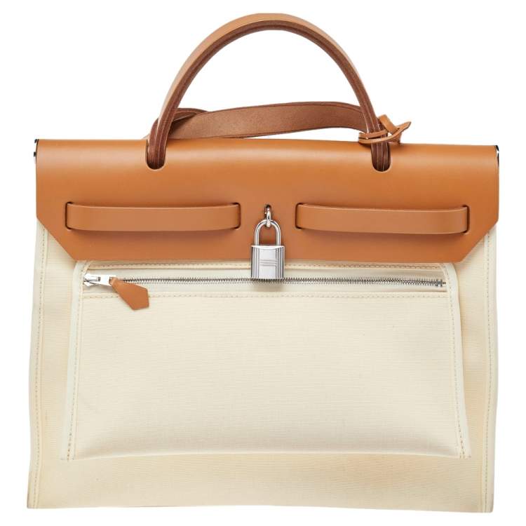 Pre Owned Hermes Beige/Tan Canvas and Leather Herbag Zip 31 Bag