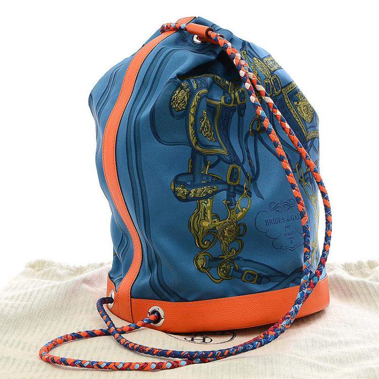 Pre Owned Hermes Blue/Orange Leather Silk Sac Soi Cool 22 Backpack