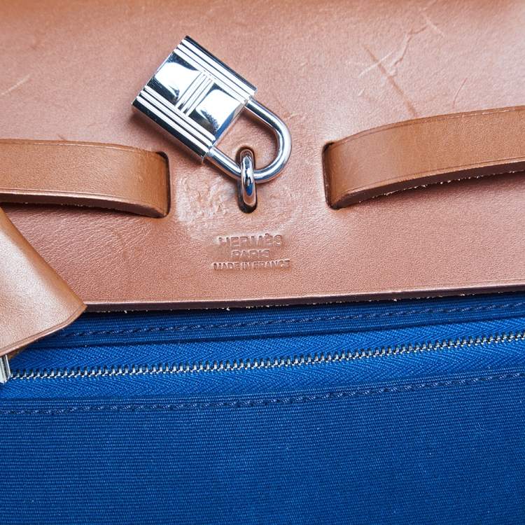 Pre Owned Hermes Bleu De Malte/Fauve Canvas and Leather Herbag Zip 39 Bag