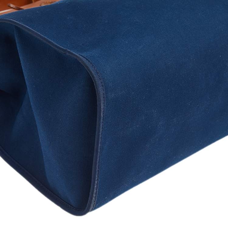 Pre Owned Hermes Bleu De Malte/Fauve Canvas and Leather Herbag Zip 39 Bag