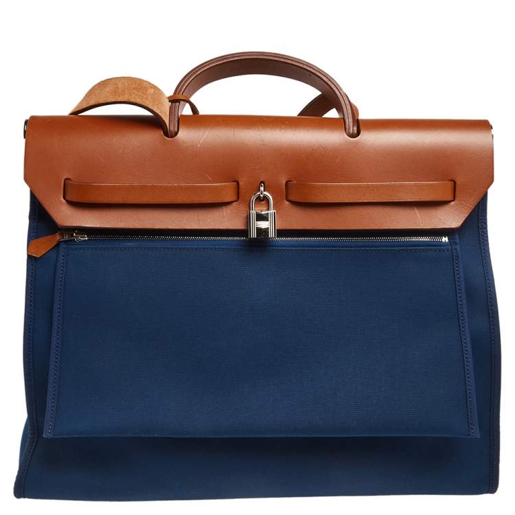 Pre Owned Hermes Bleu De Malte/Fauve Canvas and Leather Herbag Zip 39 Bag