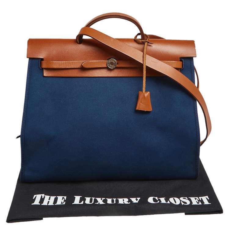 Pre Owned Hermes Bleu De Malte/Fauve Canvas and Leather Herbag Zip 39 Bag