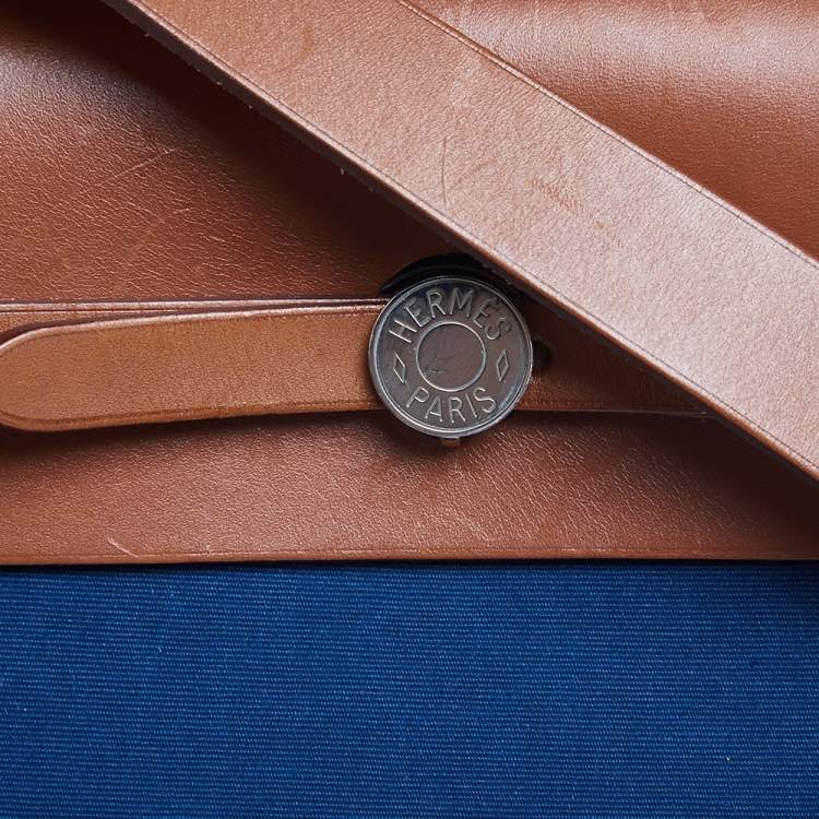 Pre Owned Hermes Bleu De Malte/Fauve Canvas and Leather Herbag Zip 39 Bag