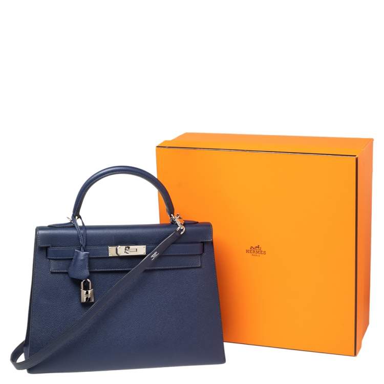 Pre Owned Hermes Blue Saphir Epsom Leather Palladium Plated Kelly Sellier 32 Bag