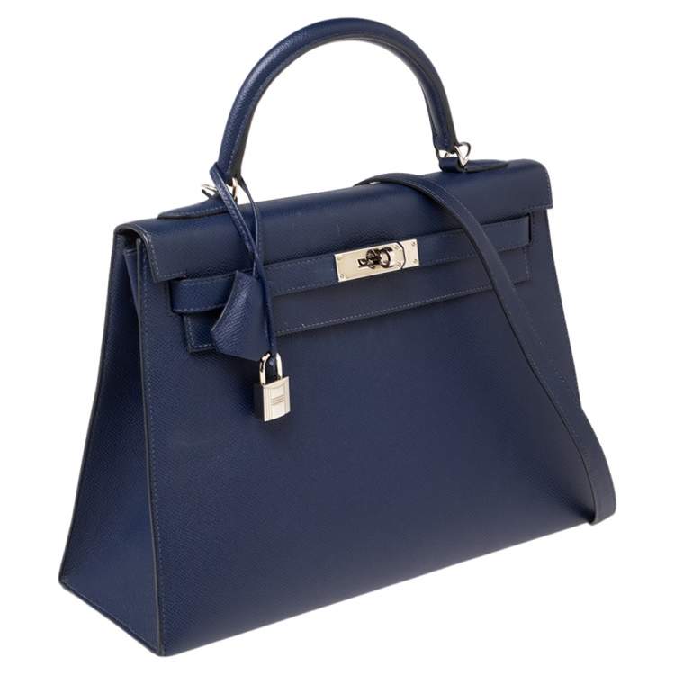 Pre Owned Hermes Blue Saphir Epsom Leather Palladium Plated Kelly Sellier 32 Bag