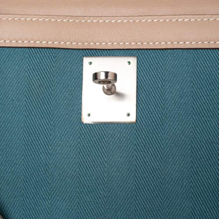 Pre Owned Hermes Argile Swift Leather and Chambray Toile Palladium Plated Kelly Retourne 35 Bag