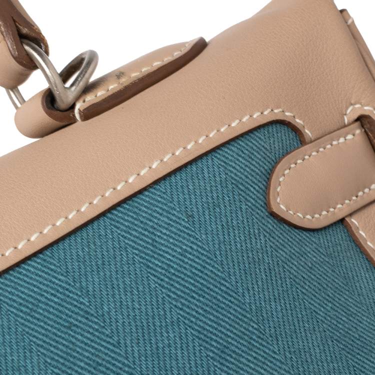 Pre Owned Hermes Argile Swift Leather and Chambray Toile Palladium Plated Kelly Retourne 35 Bag