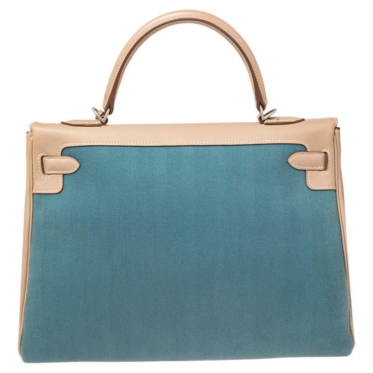 Pre Owned Hermes Argile Swift Leather and Chambray Toile Palladium Plated Kelly Retourne 35 Bag