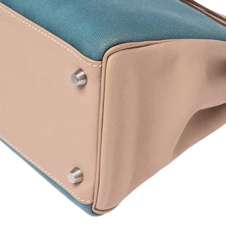 Pre Owned Hermes Argile Swift Leather and Chambray Toile Palladium Plated Kelly Retourne 35 Bag