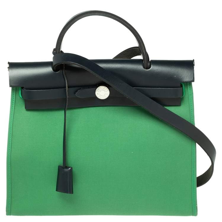 Pre Owned Hermes Bamboo/Bleu Indigo Canvas and Leather Herbag Zip 31 Bag