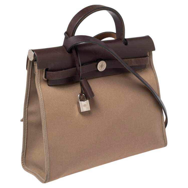 Pre Owned Hermes Etoupe/Ebene Canvas and Leather Herbag Zip 31 Bag