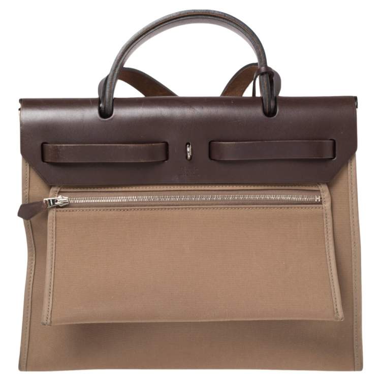 Pre Owned Hermes Etoupe/Ebene Canvas and Leather Herbag Zip 31 Bag