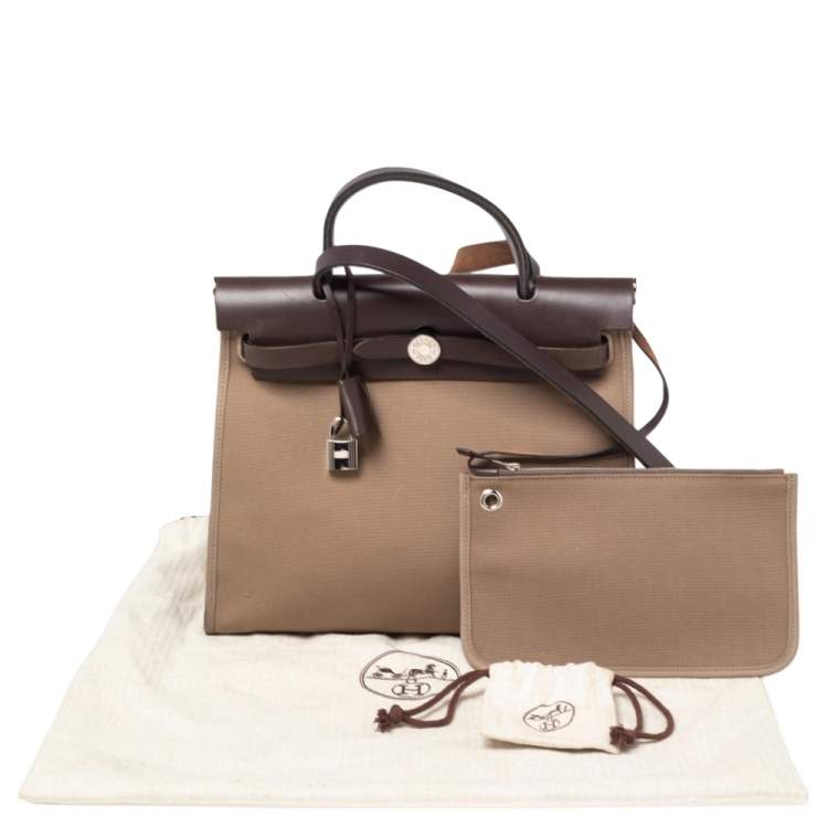 Pre Owned Hermes Etoupe/Ebene Canvas and Leather Herbag Zip 31 Bag