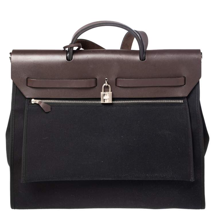 مملوكة مسبقًا Hermes Black/Cacao Canvas and Leather Herbag Zip 39 Bag