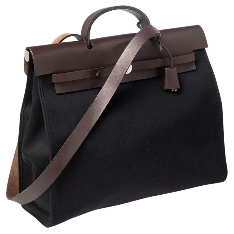 مملوكة مسبقًا Hermes Black/Cacao Canvas and Leather Herbag Zip 39 Bag