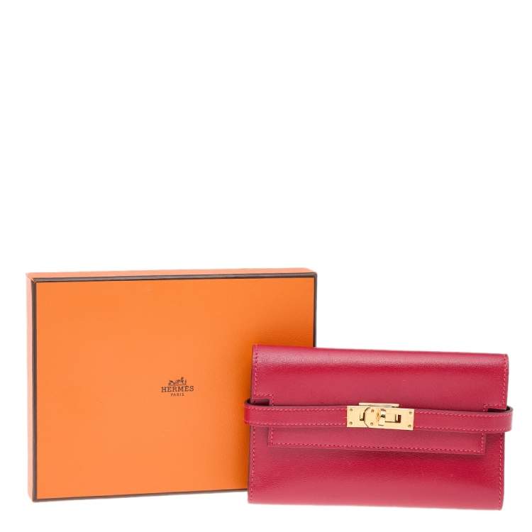 Pre Owned Hermes Rouge Vif Tadelakt Leather Kelly Depliant Medium Wallet