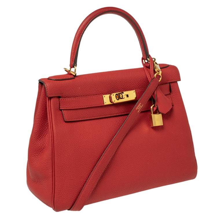 Pre Owned Hermes Rouge Piment Togo Leather Gold Plated Kelly Retourne 28 Bag