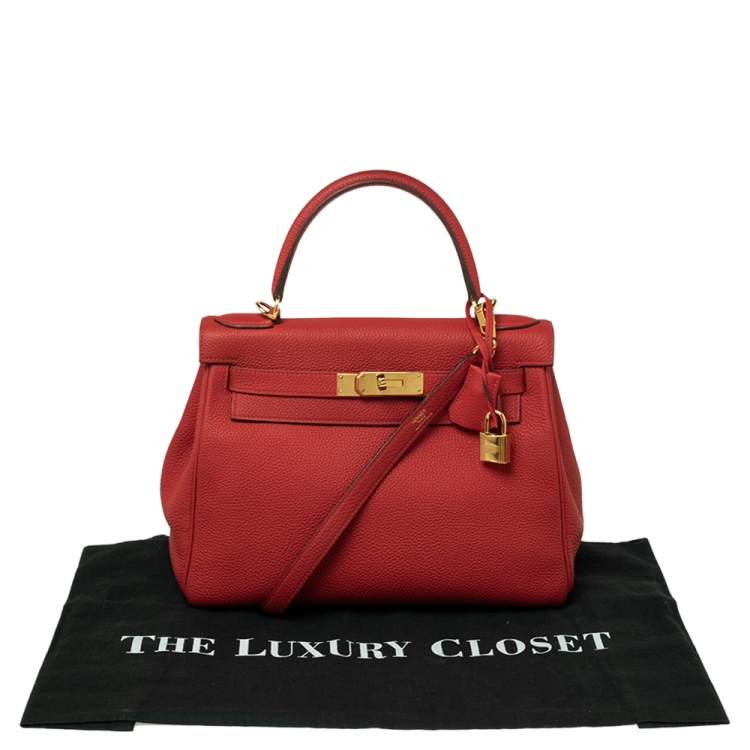 Pre Owned Hermes Rouge Piment Togo Leather Gold Plated Kelly Retourne 28 Bag