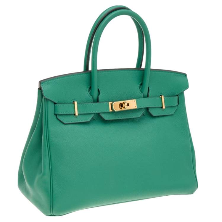 Pre Owned Hermès Vert Vertigo Evercolor Leather Gold Finished Birkin 30 Bag