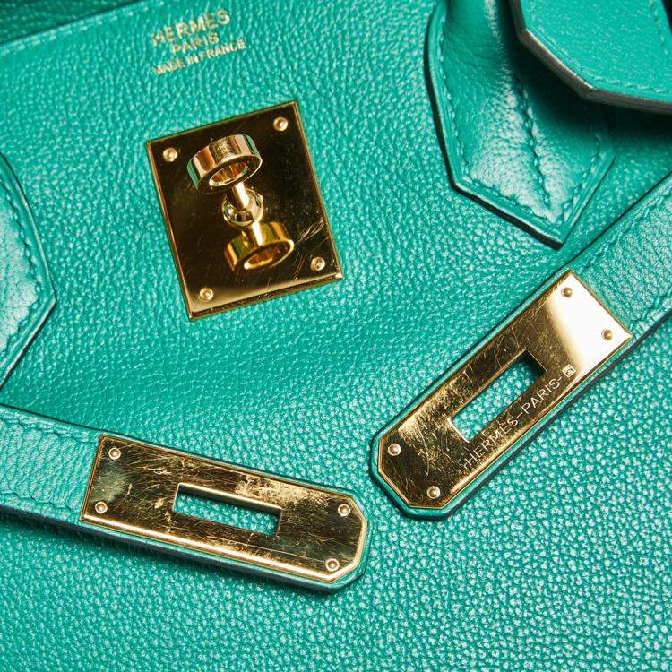 Pre Owned Hermès Vert Vertigo Evercolor Leather Gold Finished Birkin 30 Bag