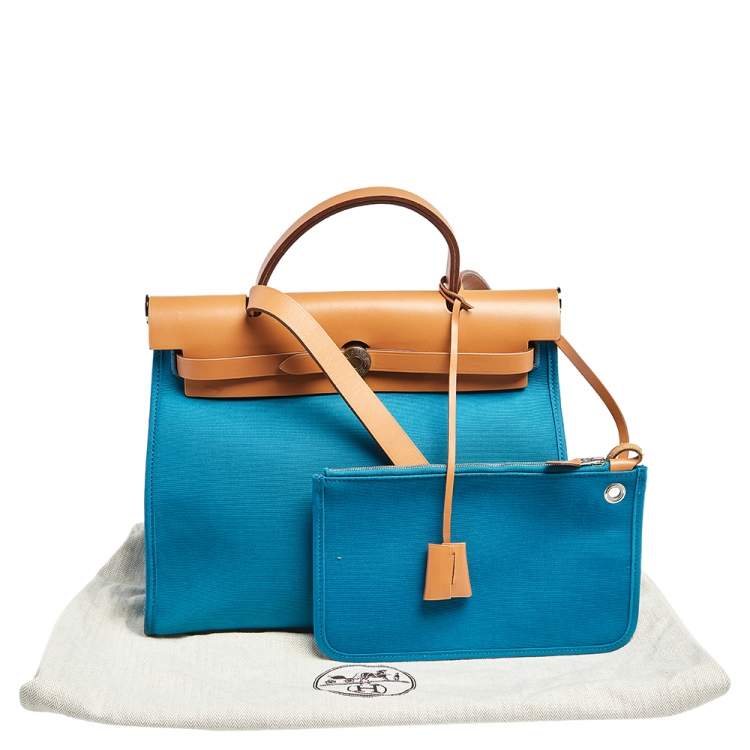 Pre Owned Hermes Bleu Izmir/Natural Canvas And Leather Herbag Zip 31 Bag