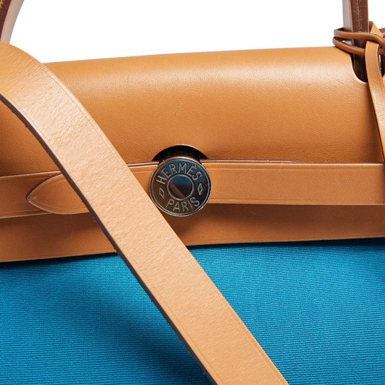 Pre Owned Hermes Bleu Izmir/Natural Canvas And Leather Herbag Zip 31 Bag