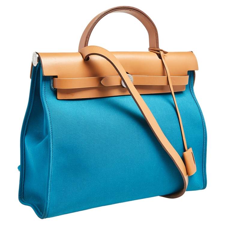 Pre Owned Hermes Bleu Izmir/Natural Canvas And Leather Herbag Zip 31 Bag