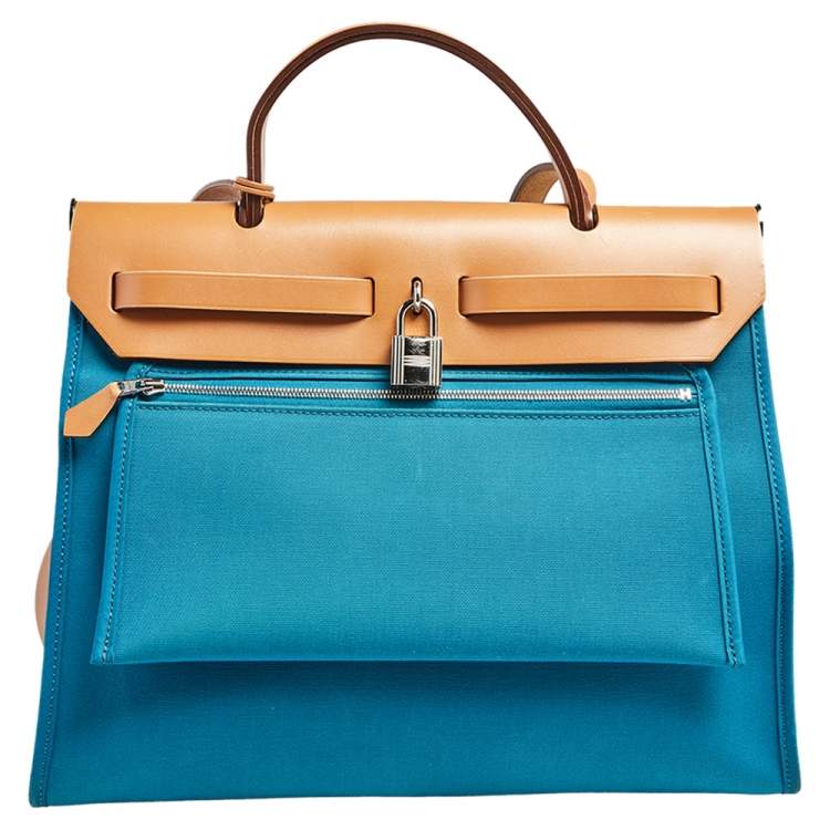 Pre Owned Hermes Bleu Izmir/Natural Canvas And Leather Herbag Zip 31 Bag